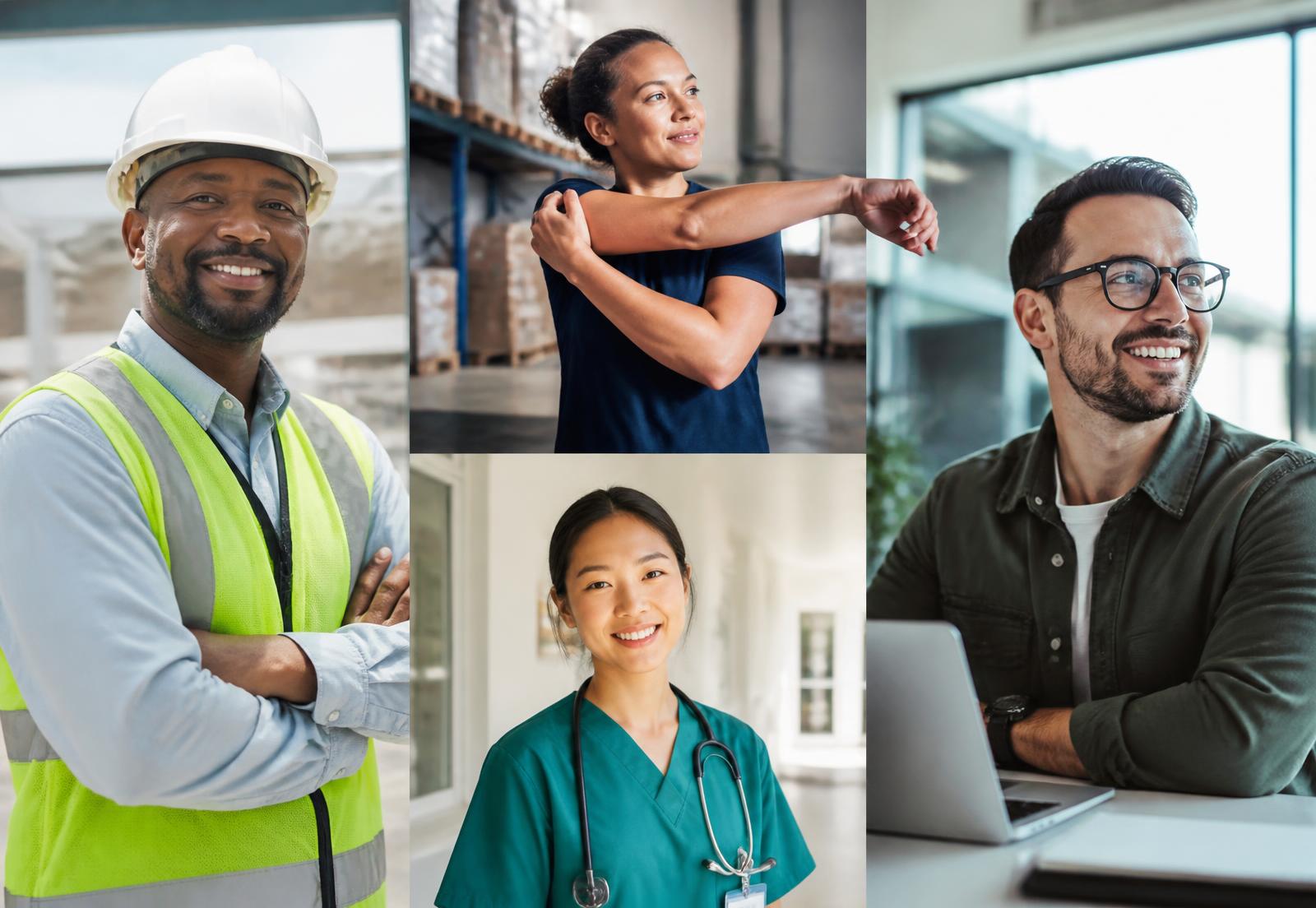 Healthy workers across construction, warehousing, healthcare and office environments